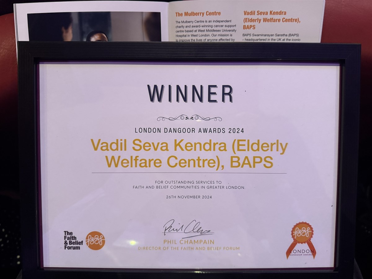 BAPS Receives Award for Services to the Elderly